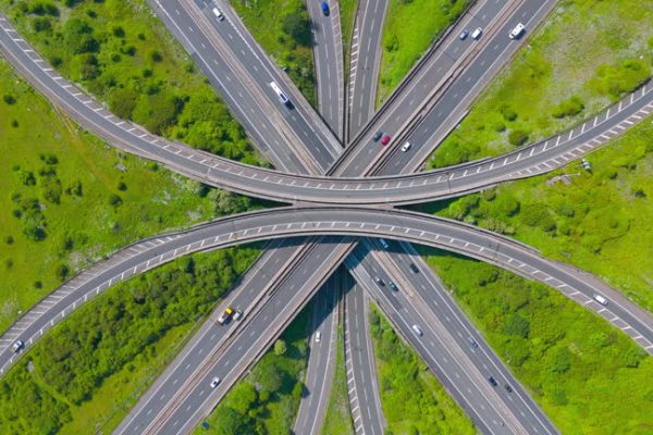 Aerial shot of Almondsbury Roundabout at Junction 16, M5 and M4 motorway near Bristol, UK